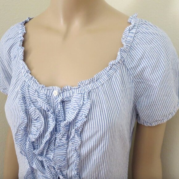 Hollister Womens Ruffle Top Size Small Shirt Blouse Striped Blue & White Bow - Picture 2 of 5